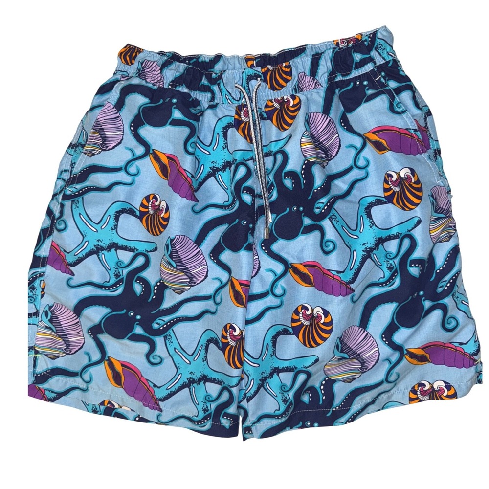 Peter Millar Mens Swim Trunks Blue Octopus Shell Print Elastic Waist Size Medium